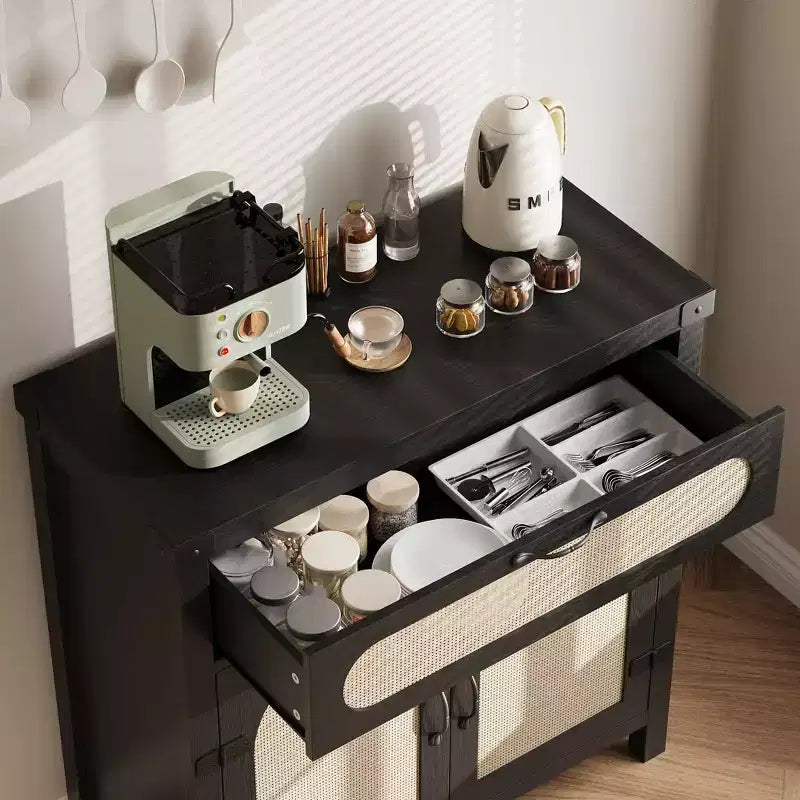 Buffet de ferme en rotin avec tiroir – Meuble de rangement et bar à café en bois de style bohème pour cuisine, salle à manger et couloir de salon