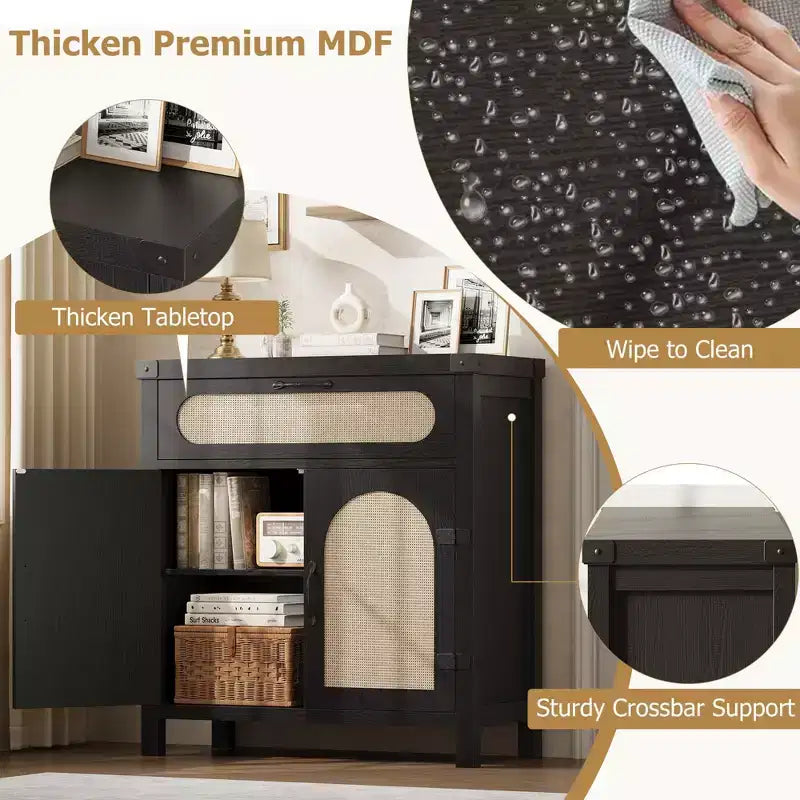 Buffet de ferme en rotin avec tiroir – Meuble de rangement et bar à café en bois de style bohème pour cuisine, salle à manger et couloir de salon