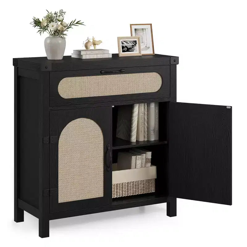 Buffet de ferme en rotin avec tiroir – Meuble de rangement et bar à café en bois de style bohème pour cuisine, salle à manger et couloir de salon