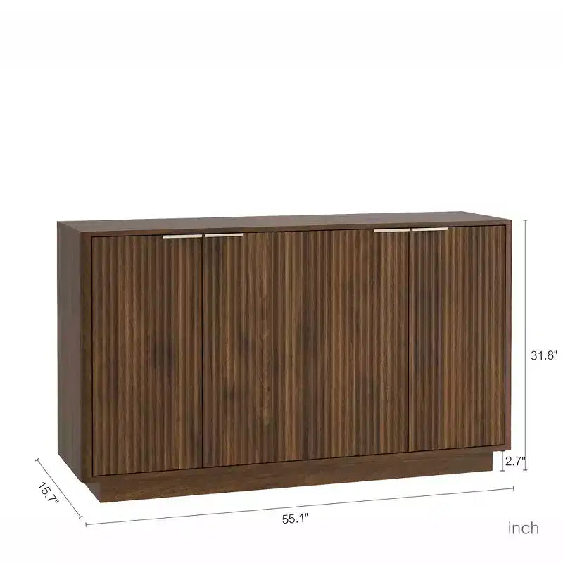 Bahut de rangement moderne en bois avec design encastré, étagères réglables et quatre compartiments intégrés. Bois naturel