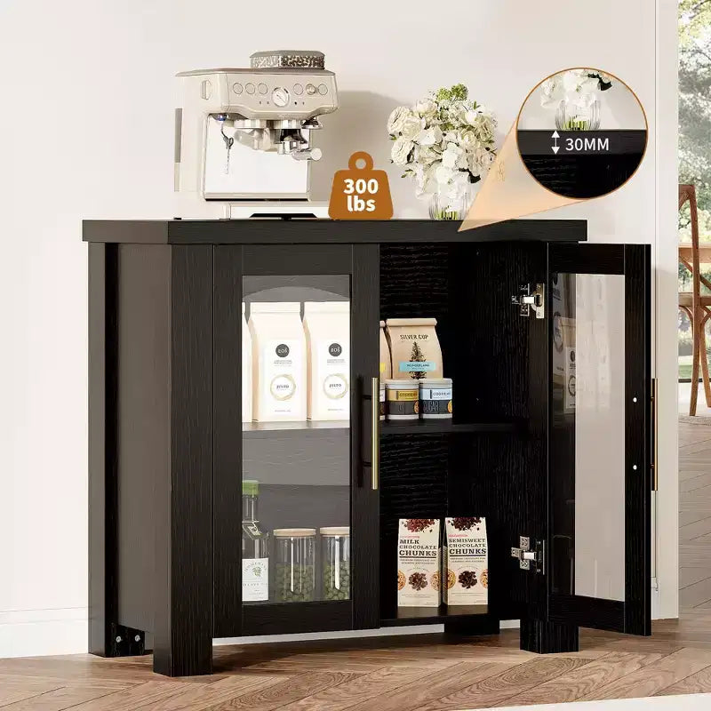 Bahut de rangement, Buffet de salle à manger/crédence de 150 cm avec portes en verre trempé, Table de buffet en bois pour salon, salle à manger, cuisine