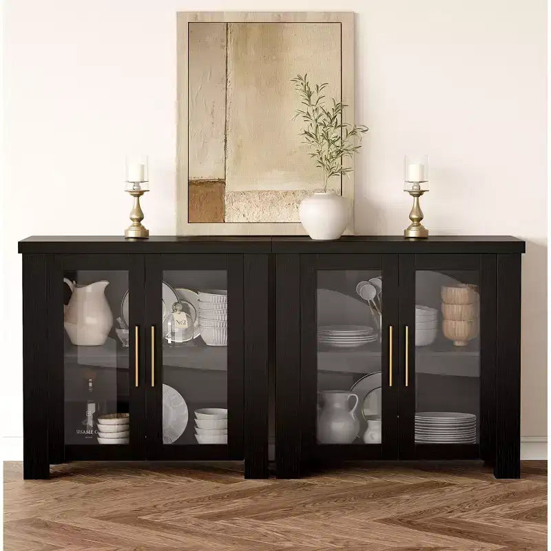 Bahut de rangement, Buffet de salle à manger/crédence de 150 cm avec portes en verre trempé, Table de buffet en bois pour salon, salle à manger, cuisine