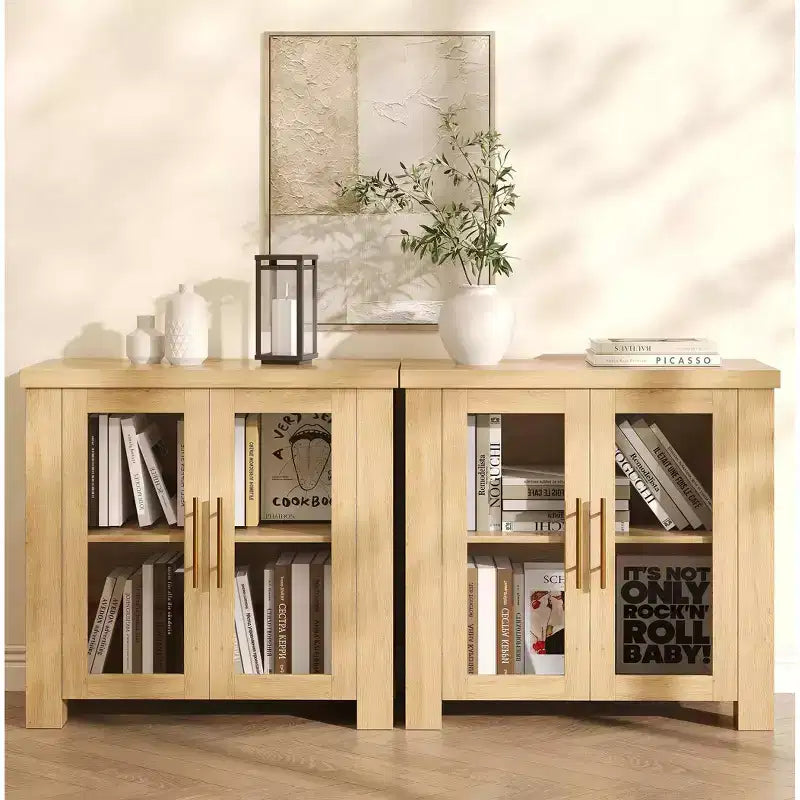 Bahut de rangement, Buffet de salle à manger/crédence de 150 cm avec portes en verre trempé, Table de buffet en bois pour salon, salle à manger, cuisine
