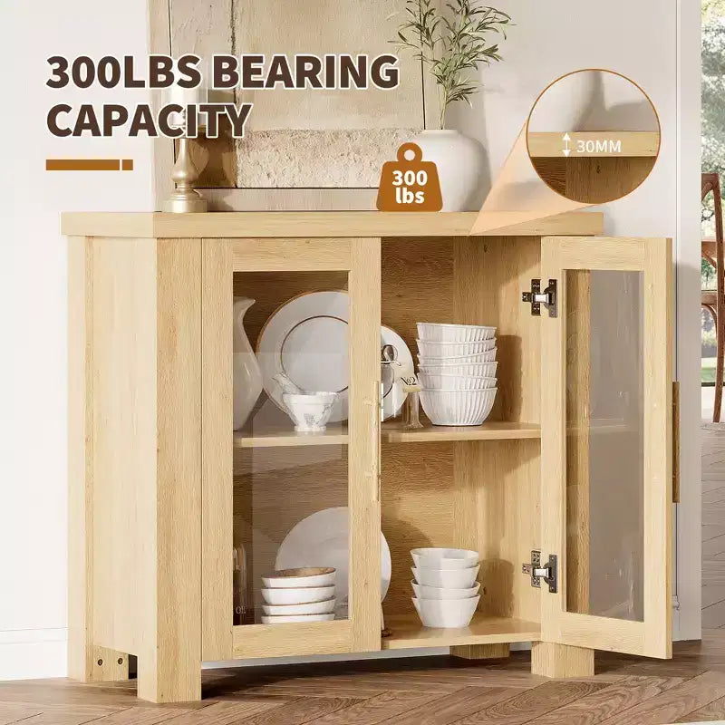 Bahut de rangement, Buffet de salle à manger/crédence de 150 cm avec portes en verre trempé, Table de buffet en bois pour salon, salle à manger, cuisine