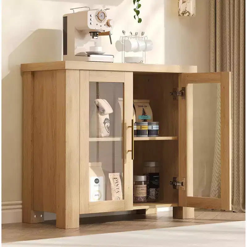 Bahut de rangement, Buffet de salle à manger/crédence de 150 cm avec portes en verre trempé, Table de buffet en bois pour salon, salle à manger, cuisine