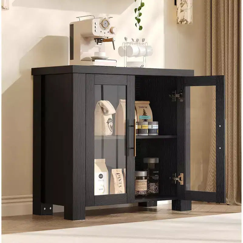 Bahut de rangement, Buffet de salle à manger/crédence de 150 cm avec portes en verre trempé, Table de buffet en bois pour salon, salle à manger, cuisine