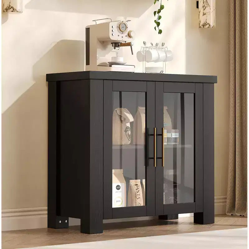 Bahut de rangement, Buffet de salle à manger/crédence de 150 cm avec portes en verre trempé, Table de buffet en bois pour salon, salle à manger, cuisine
