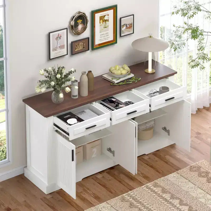Buffet en console cannelé moderne de 160 cm, 4 portes et 3 tiroirs, meuble de rangement de cuisine et salle à manger pour salon ou entrée-