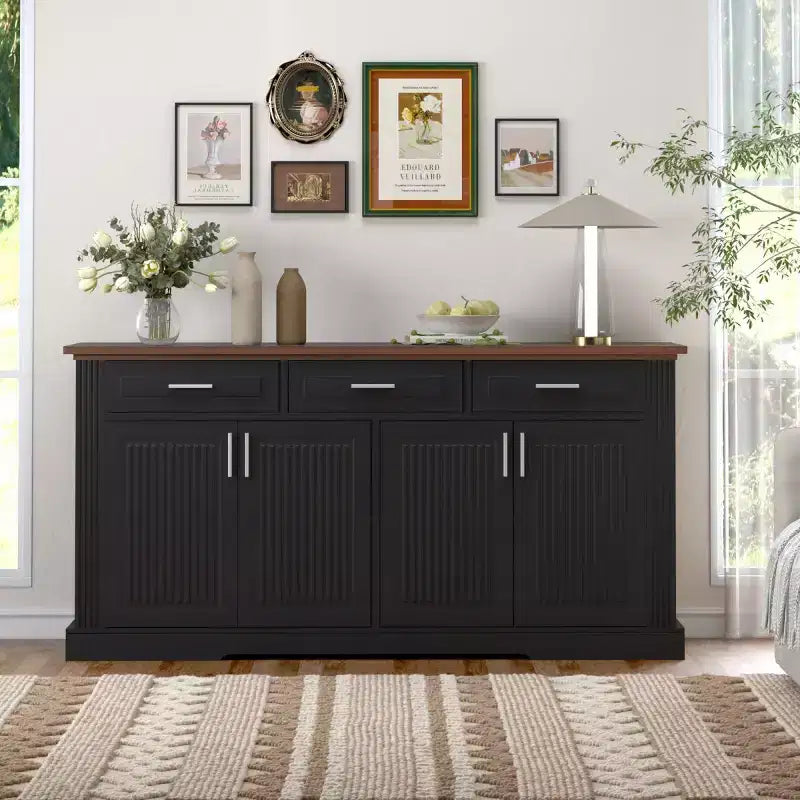 Buffet en console cannelé moderne de 160 cm, 4 portes et 3 tiroirs, meuble de rangement de cuisine et salle à manger pour salon ou entrée-