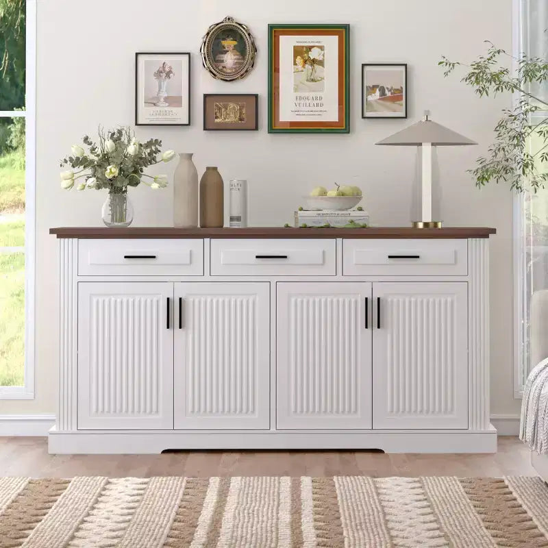 Buffet en console cannelé moderne de 160 cm, 4 portes et 3 tiroirs, meuble de rangement de cuisine et salle à manger pour salon ou entrée-