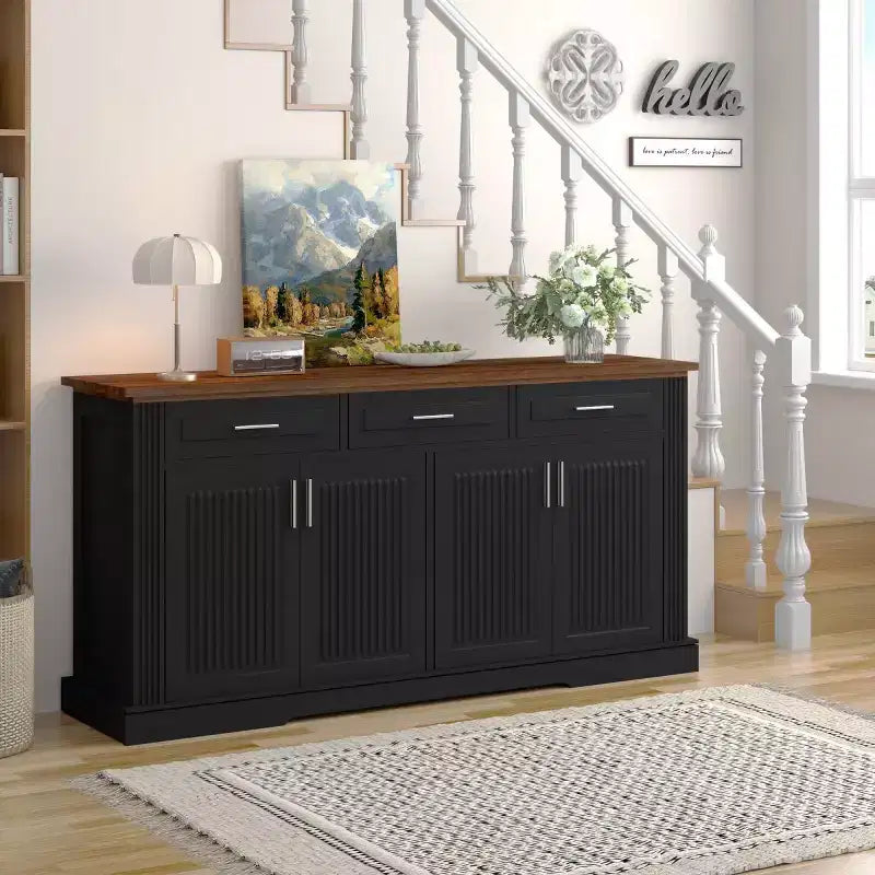 Buffet en console cannelé moderne de 160 cm, 4 portes et 3 tiroirs, meuble de rangement de cuisine et salle à manger pour salon ou entrée-