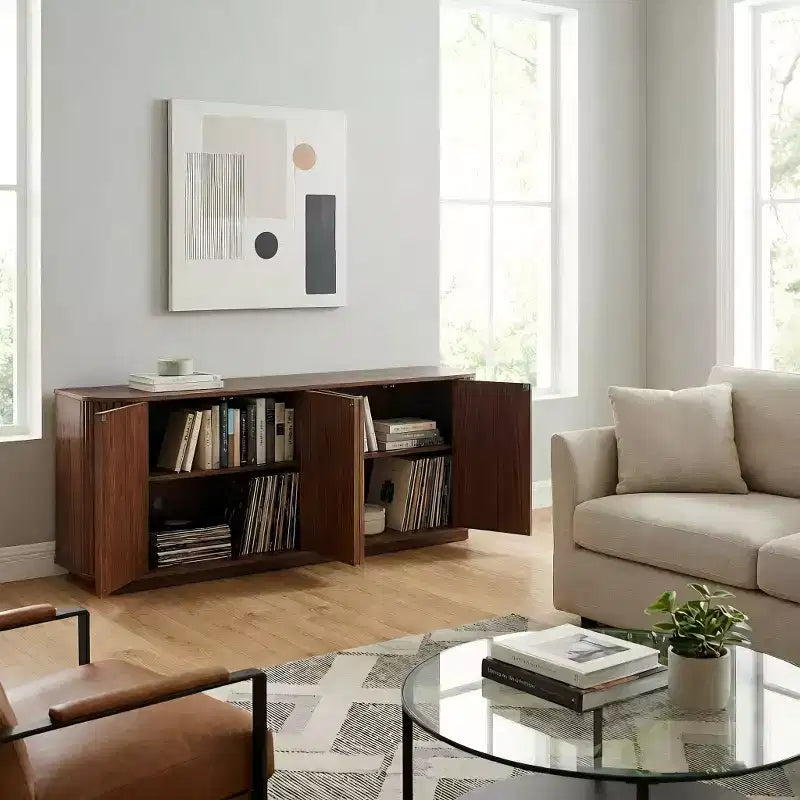 Meuble de rangement, meuble TV avec motif de vagues, buffet, meuble en bois à rayures verticales pour entrée. Noyer
