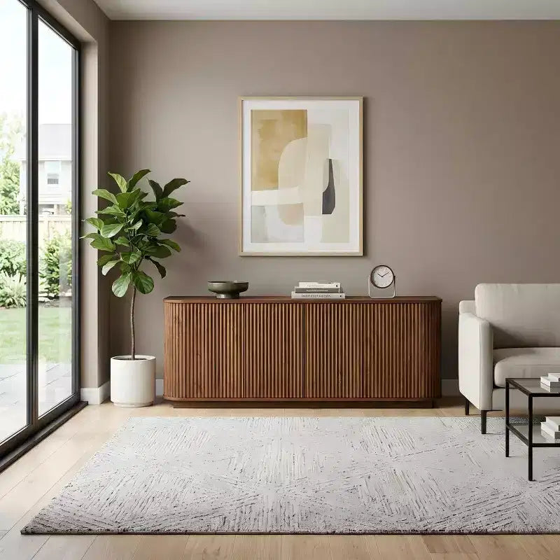 Meuble de rangement, meuble TV avec motif de vagues, buffet, meuble en bois à rayures verticales pour entrée. Noyer