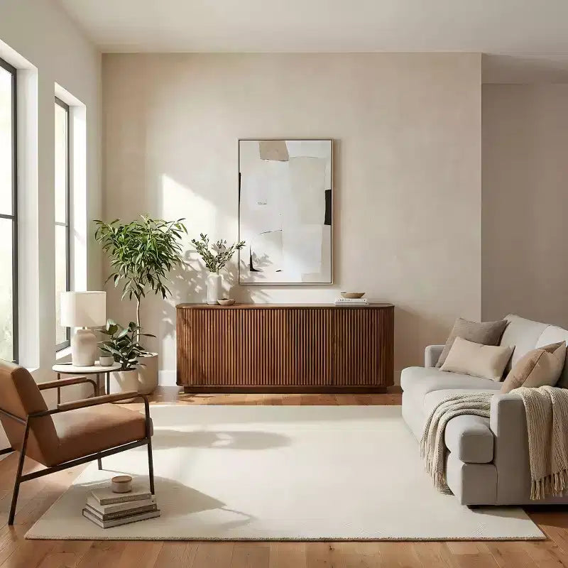 Meuble de rangement, meuble TV avec motif de vagues, buffet, meuble en bois à rayures verticales pour entrée. Noyer