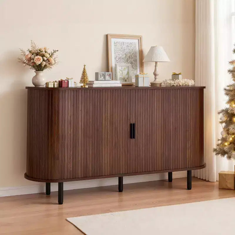 Meuble de bar à café VEVOR, Table de bar à café cannelée style Mid-Century, Meuble buffet avec 2 portes coulissantes, Station de buffet, Noyer