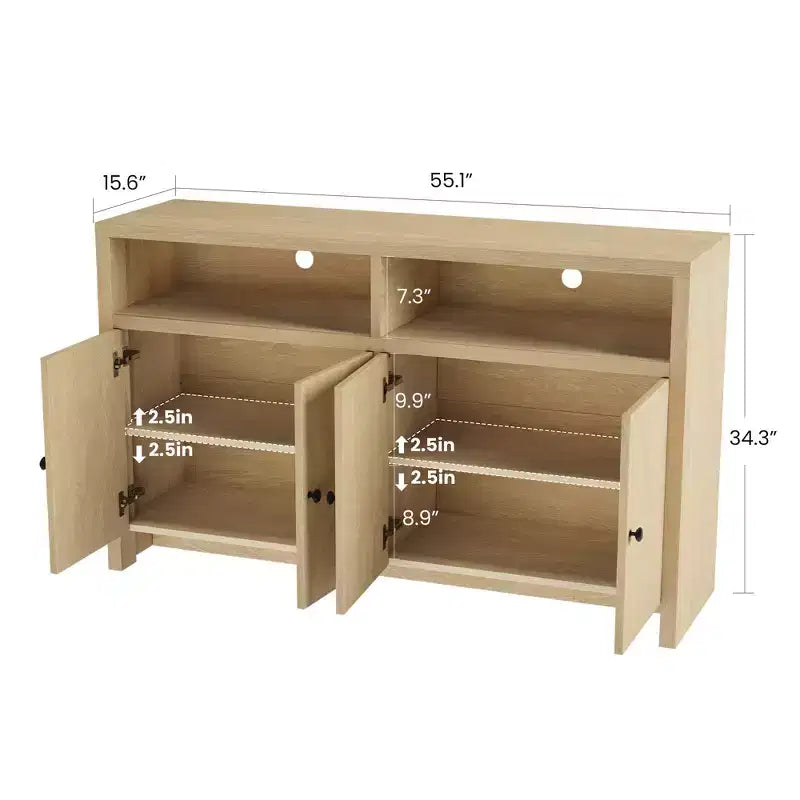 Grand buffet de ferme 55" avec 4 portes, étagères réglables, grand espace de rangement - Meuble bar en bois pour salle à manger
