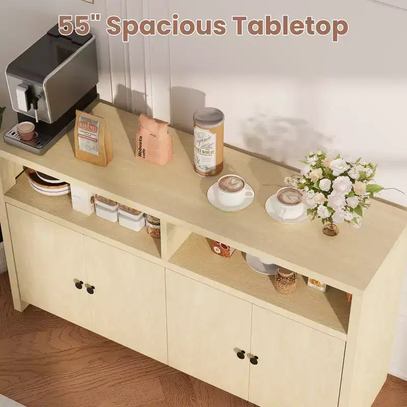 Grand buffet de ferme 55" avec 4 portes, étagères réglables, grand espace de rangement - Meuble bar en bois pour salle à manger