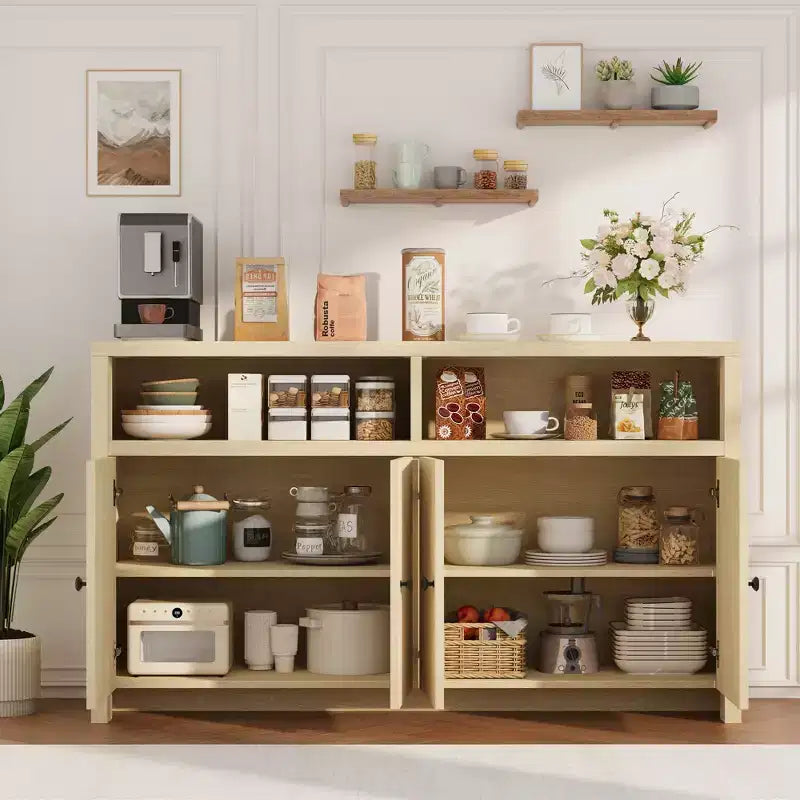 Grand buffet de ferme 55" avec 4 portes, étagères réglables, grand espace de rangement - Meuble bar en bois pour salle à manger