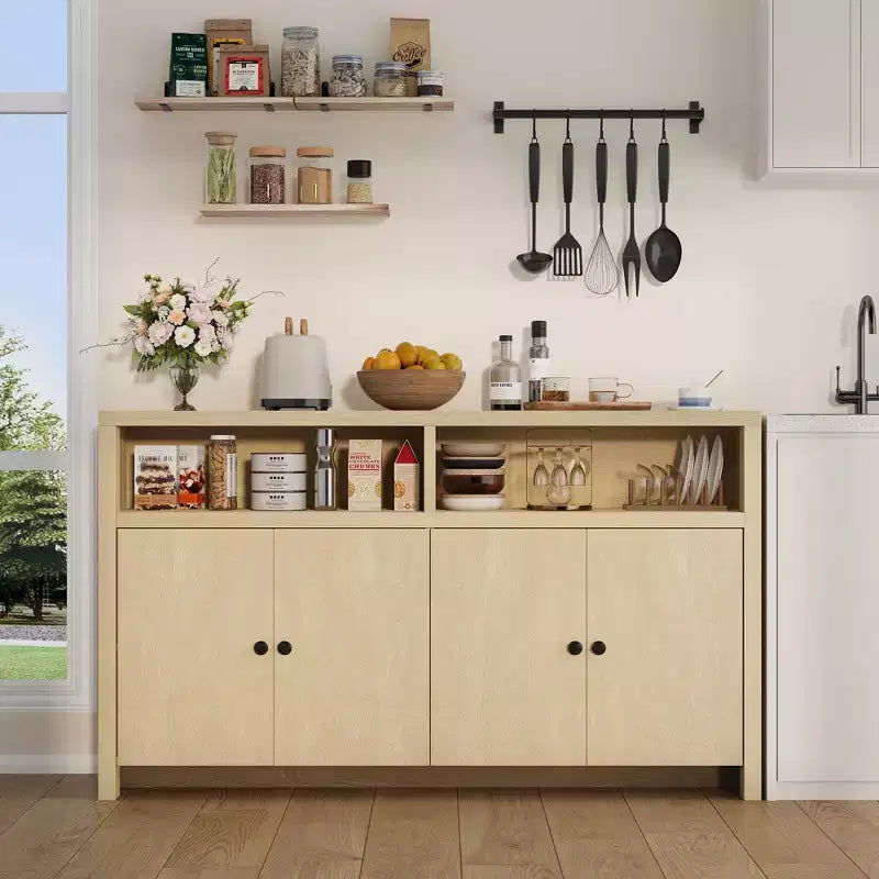 Grand buffet de ferme 55" avec 4 portes, étagères réglables, grand espace de rangement - Meuble bar en bois pour salle à manger