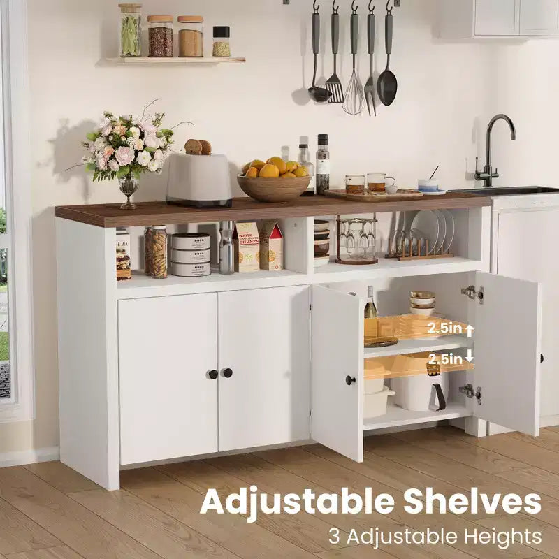 Grand buffet de ferme 55" avec 4 portes, étagères réglables, grand espace de rangement - Meuble bar en bois pour salle à manger