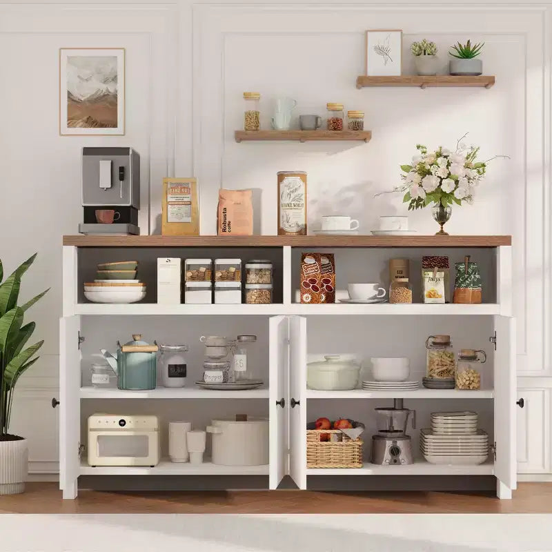 Grand buffet de ferme 55" avec 4 portes, étagères réglables, grand espace de rangement - Meuble bar en bois pour salle à manger