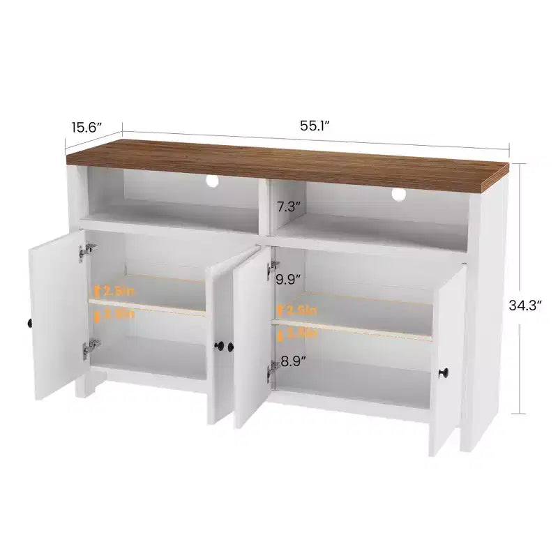 Grand buffet de ferme 55" avec 4 portes, étagères réglables, grand espace de rangement - Meuble bar en bois pour salle à manger