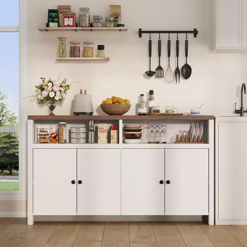 Grand buffet de ferme 55" avec 4 portes, étagères réglables, grand espace de rangement - Meuble bar en bois pour salle à manger