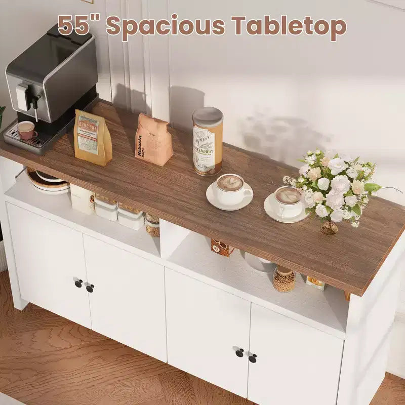Grand buffet de ferme 55" avec 4 portes, étagères réglables, grand espace de rangement - Meuble bar en bois pour salle à manger