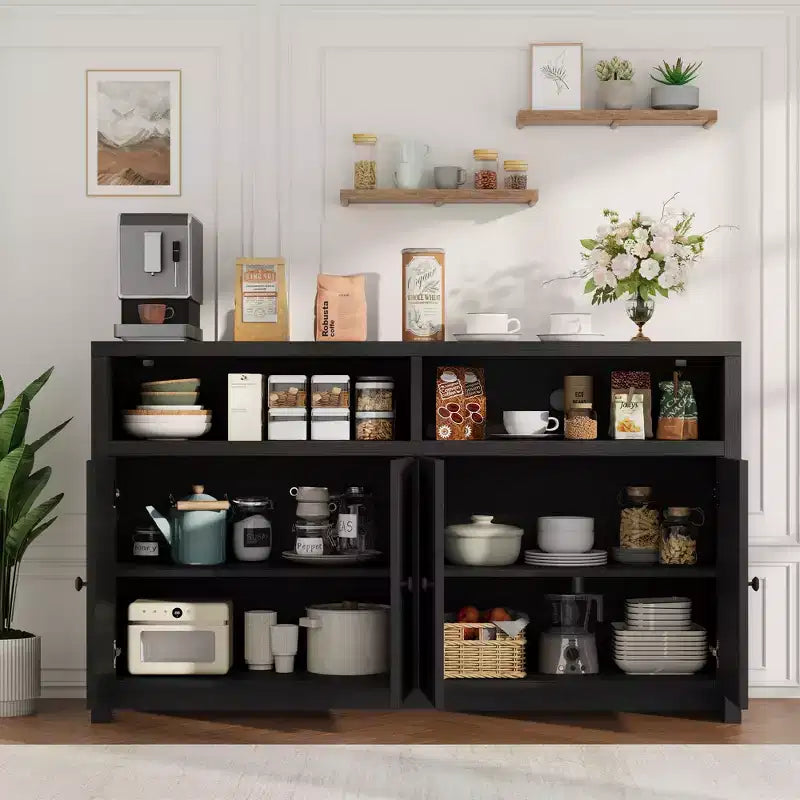 Grand buffet de ferme 55" avec 4 portes, étagères réglables, grand espace de rangement - Meuble bar en bois pour salle à manger
