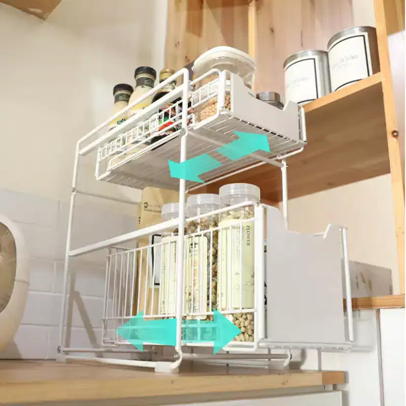 Organisateur coulissant à 2 niveaux pour armoire, étagères coulissantes robustes en acier au carbone, glissières amortissantes sans perçage pour cuisine/salle de bain