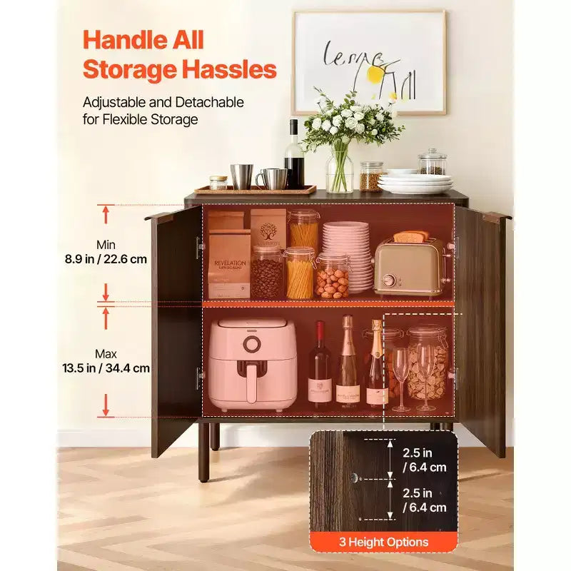 Meuble de Bar à Café VEVOR, Table de Bar à Café Cannelée du Milieu du Siècle avec Rangement à 2 Niveaux, Buffet avec Porte Coulissante, 80 x 37,3 x 80 cm, Marron