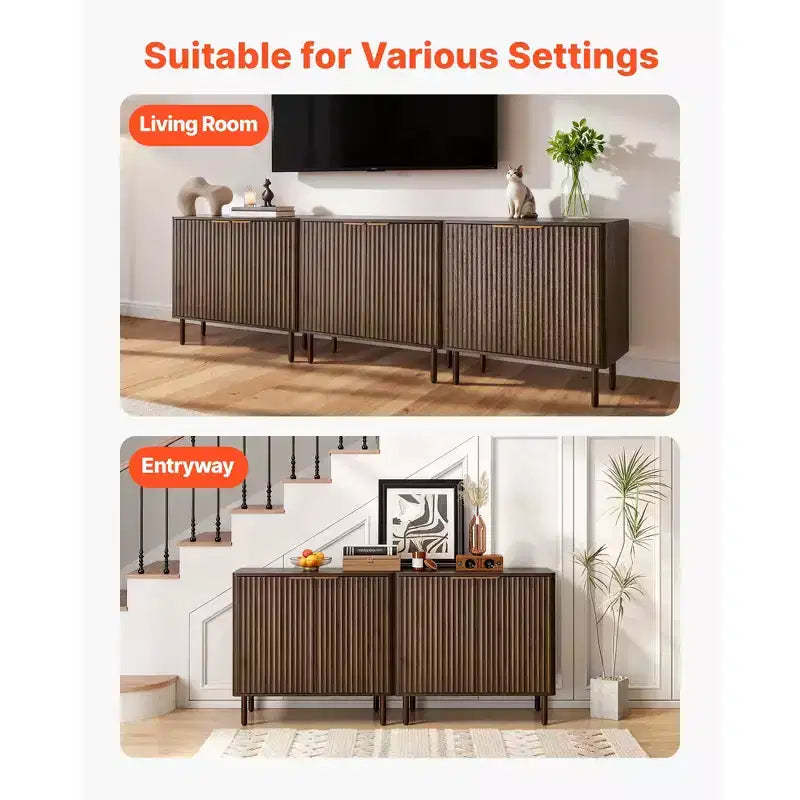 Meuble de Bar à Café VEVOR, Table de Bar à Café Cannelée du Milieu du Siècle avec Rangement à 2 Niveaux, Buffet avec Porte Coulissante, 80 x 37,3 x 80 cm, Marron