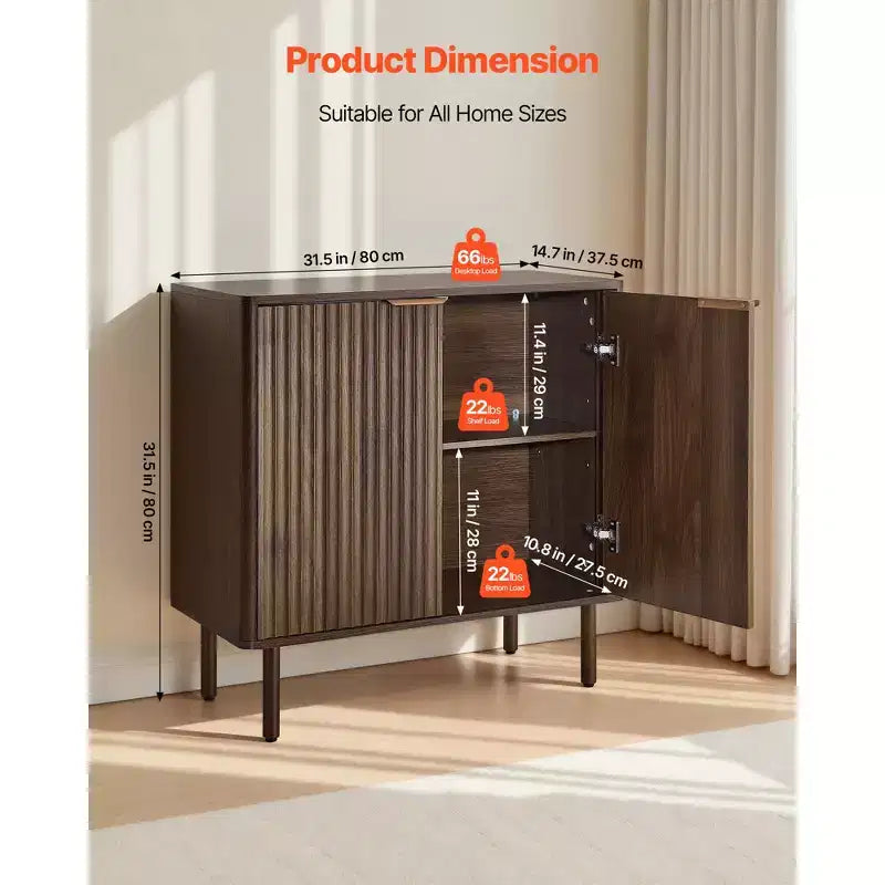 Meuble de Bar à Café VEVOR, Table de Bar à Café Cannelée du Milieu du Siècle avec Rangement à 2 Niveaux, Buffet avec Porte Coulissante, 80 x 37,3 x 80 cm, Marron