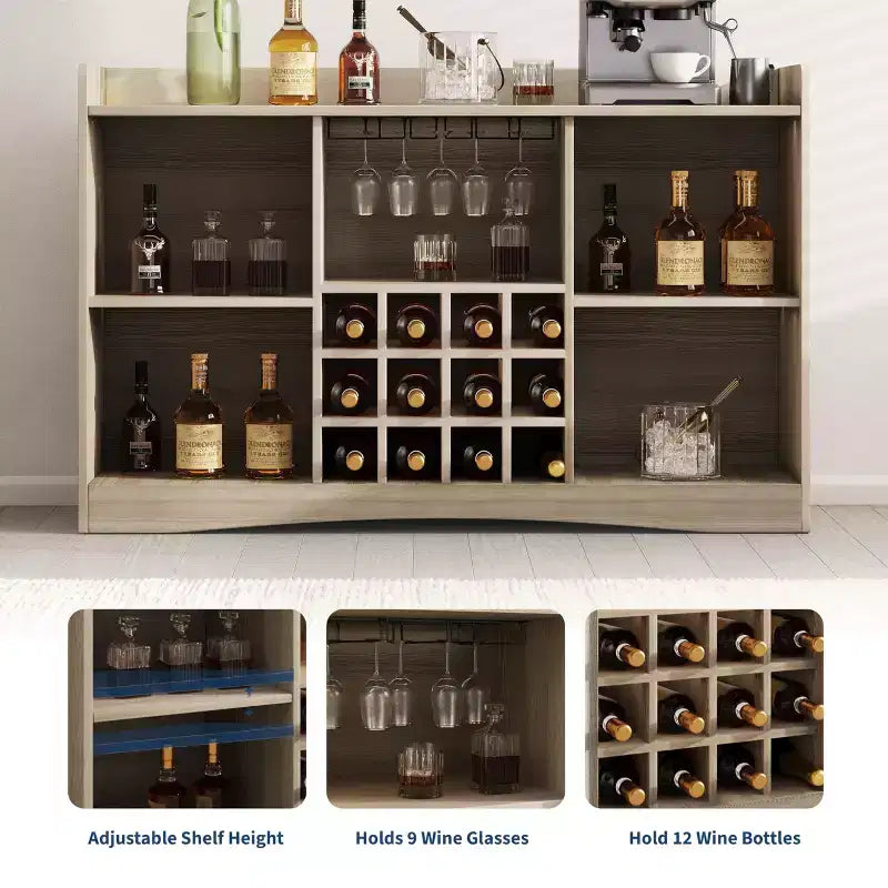 Meuble de bar à vin moderne de 120 cm avec 9 porte-verres, 12 casiers à vin, design cannelé, 2 portes, buffet de rangement pour salle à manger et salon