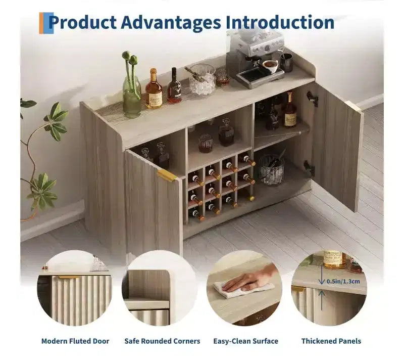 Meuble de bar à vin moderne de 120 cm avec 9 porte-verres, 12 casiers à vin, design cannelé, 2 portes, buffet de rangement pour salle à manger et salon