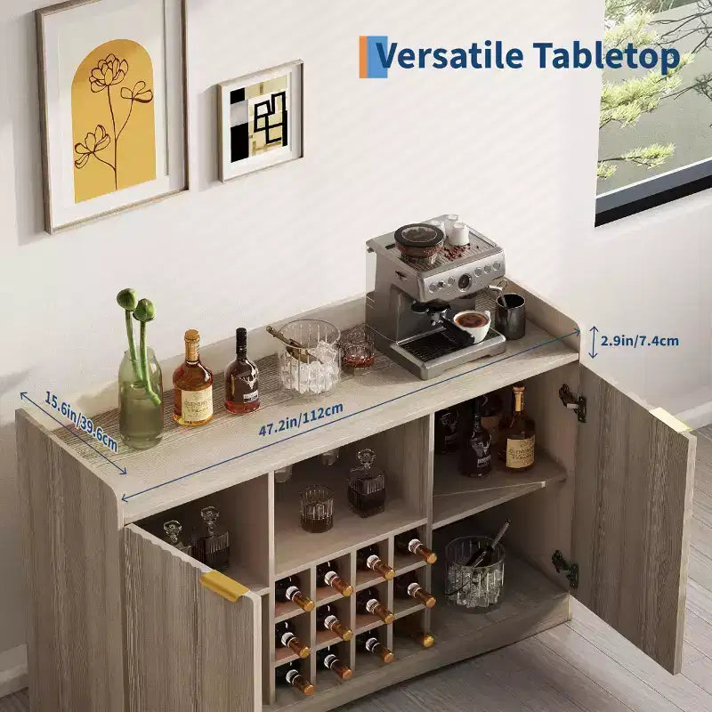 Meuble de bar à vin moderne de 120 cm avec 9 porte-verres, 12 casiers à vin, design cannelé, 2 portes, buffet de rangement pour salle à manger et salon