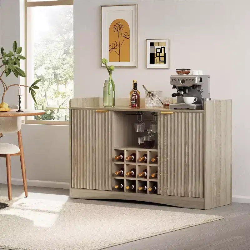 Meuble de bar à vin moderne de 120 cm avec 9 porte-verres, 12 casiers à vin, design cannelé, 2 portes, buffet de rangement pour salle à manger et salon