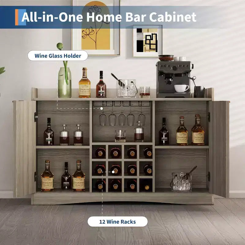 Meuble de bar à vin moderne de 120 cm avec 9 porte-verres, 12 casiers à vin, design cannelé, 2 portes, buffet de rangement pour salle à manger et salon