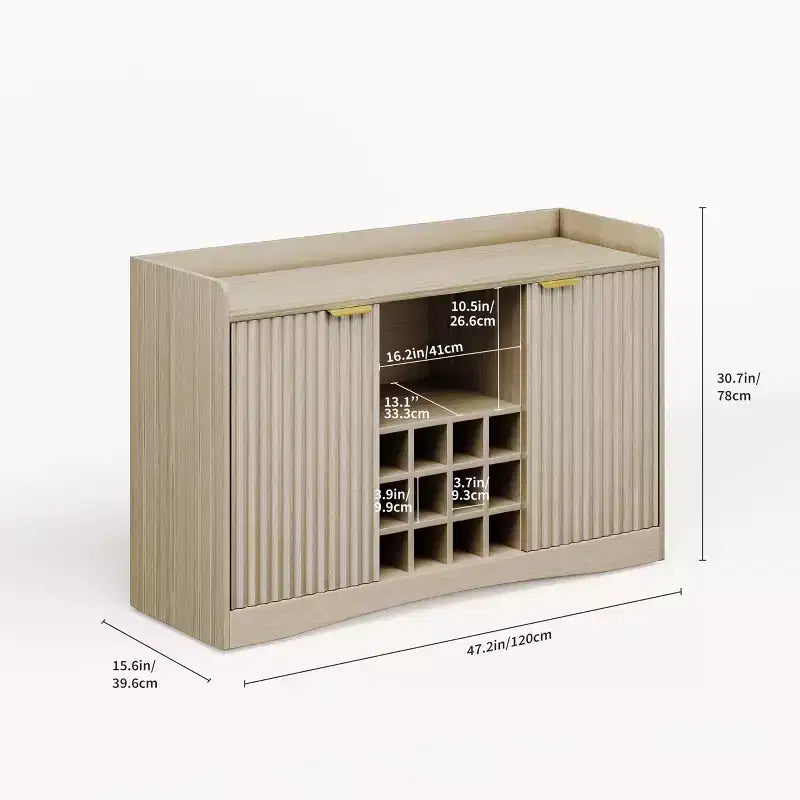 Meuble de bar à vin moderne de 120 cm avec 9 porte-verres, 12 casiers à vin, design cannelé, 2 portes, buffet de rangement pour salle à manger et salon