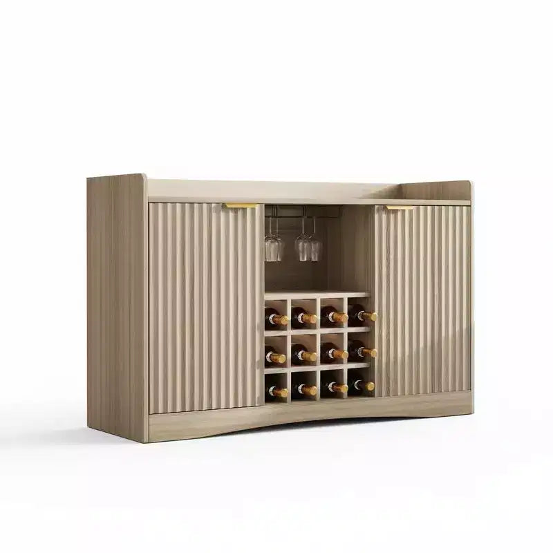 Meuble de bar à vin moderne de 120 cm avec 9 porte-verres, 12 casiers à vin, design cannelé, 2 portes, buffet de rangement pour salle à manger et salon