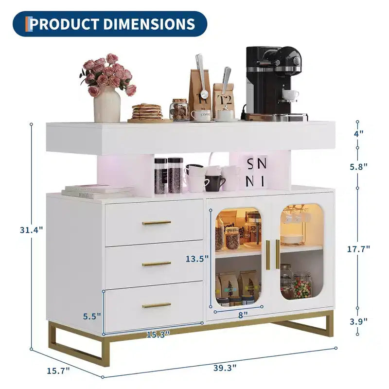Buffet bahut moderne avec lumières LED RVB à détecteur automatique et station de recharge intégrée, table de bar à café avec rangement, 3 tiroirs et 2 portes