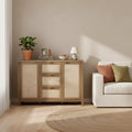 51 Rattan Sideboard Buffet Cabinet, Boho Storage with 3 Drawers & 2 Doors, Coffee Bar Credenza with Adjustable Shelves for Kitchen & Living Room