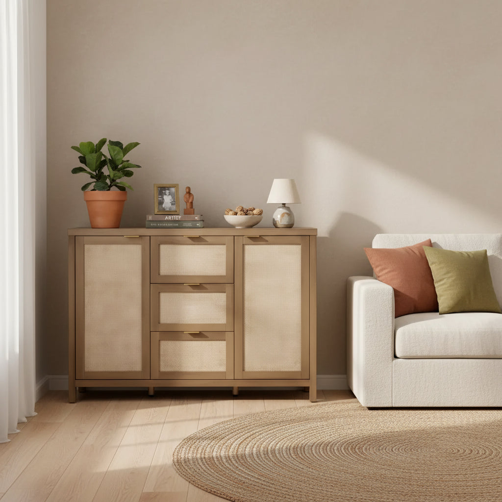 51 Rattan Sideboard Buffet Cabinet, Boho Storage with 3 Drawers & 2 Doors, Coffee Bar Credenza with Adjustable Shelves for Kitchen & Living Room