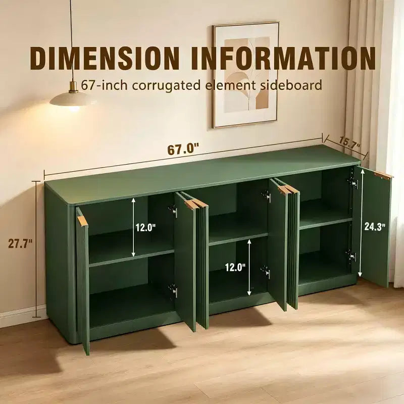 Buffet ondulé moderne de 67 pouces, meuble à 6 portes avec fonction de rangement, adapté pour la cuisine, la chambre à coucher, le salon, Vert