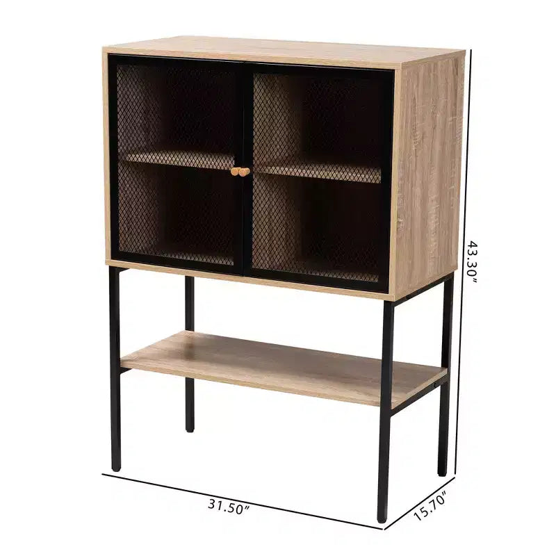 Buffet de salle à manger Asher en bois et métal, 2 portes, marron naturel/noir : Étagères fixes, structure en panneaux de particules