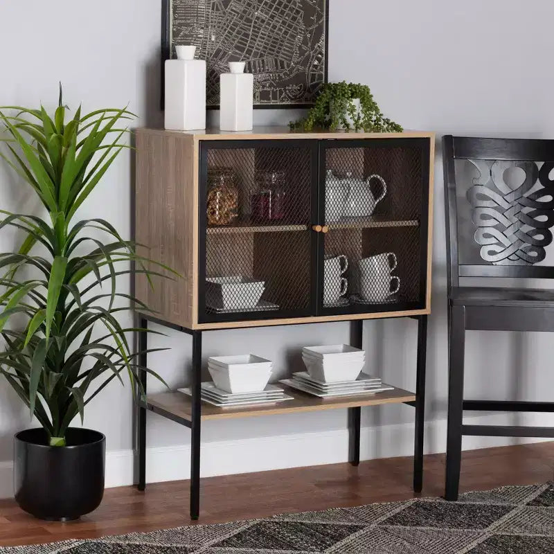 Buffet de salle à manger Asher en bois et métal, 2 portes, marron naturel/noir : Étagères fixes, structure en panneaux de particules