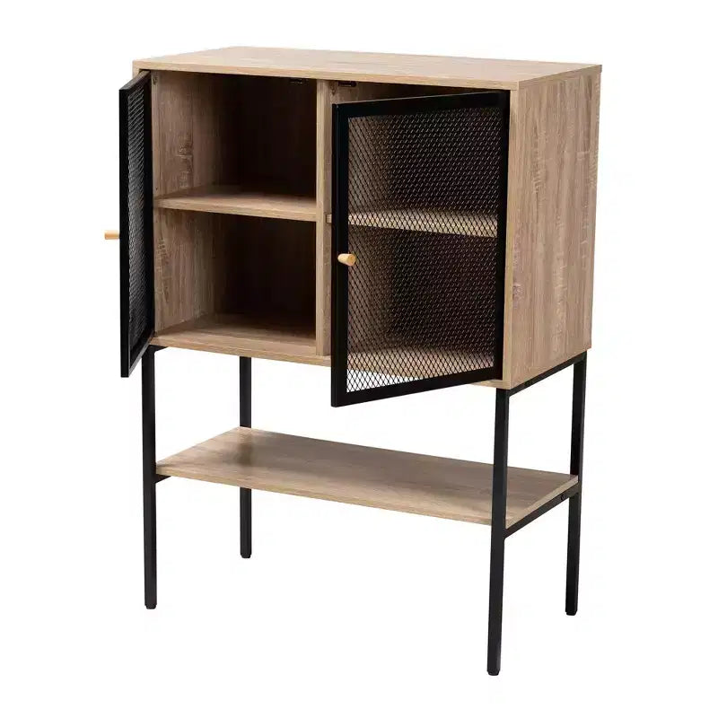 Buffet de salle à manger Asher en bois et métal, 2 portes, marron naturel/noir : Étagères fixes, structure en panneaux de particules