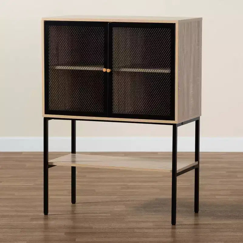Buffet de salle à manger Asher en bois et métal, 2 portes, marron naturel/noir : Étagères fixes, structure en panneaux de particules