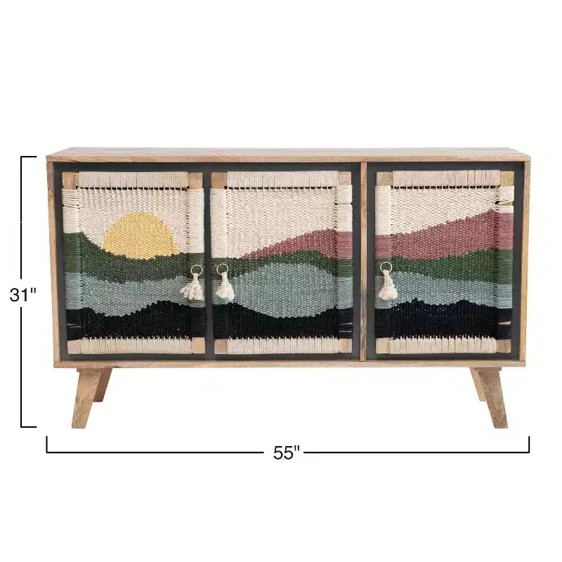 Console en bois de manguier motif crème : Portes en corde tressée, Rangement divisé, Assemblage sans outils