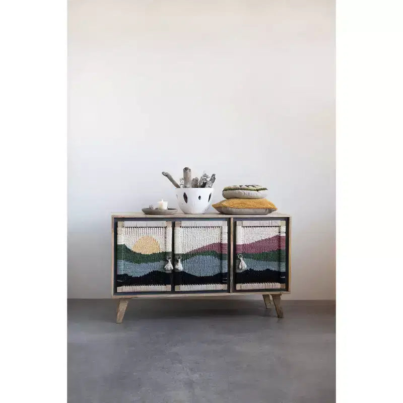 Console en bois de manguier motif crème : Portes en corde tressée, Rangement divisé, Assemblage sans outils